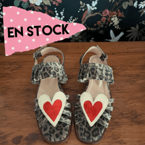 Sandalia Clementina reno leopardo, cuero dorado y reno rojo