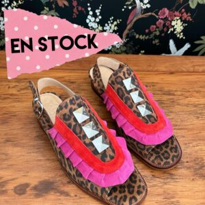 Sandalia Domitila reno leopardo, rojo y fucsia